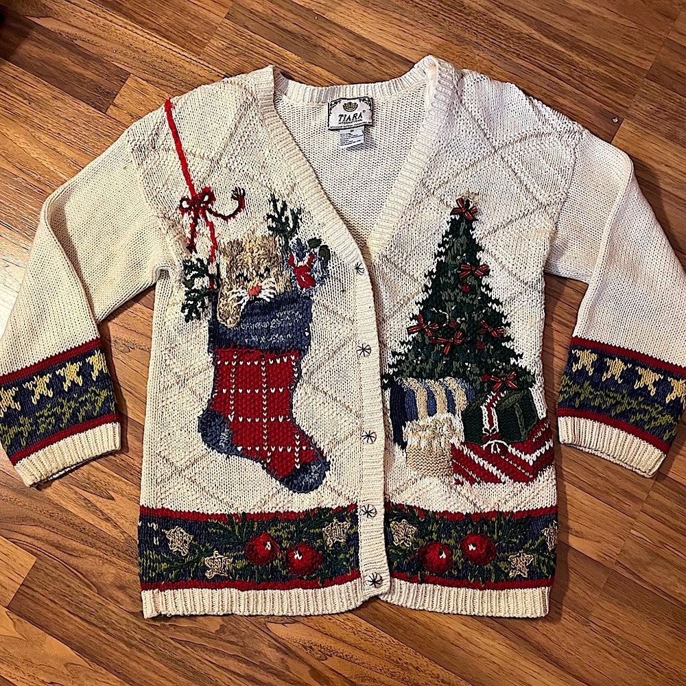 Vintage 90’s Holiday Sweater Vintage Christmas Sweater Cat Tree Bow Cardigan
